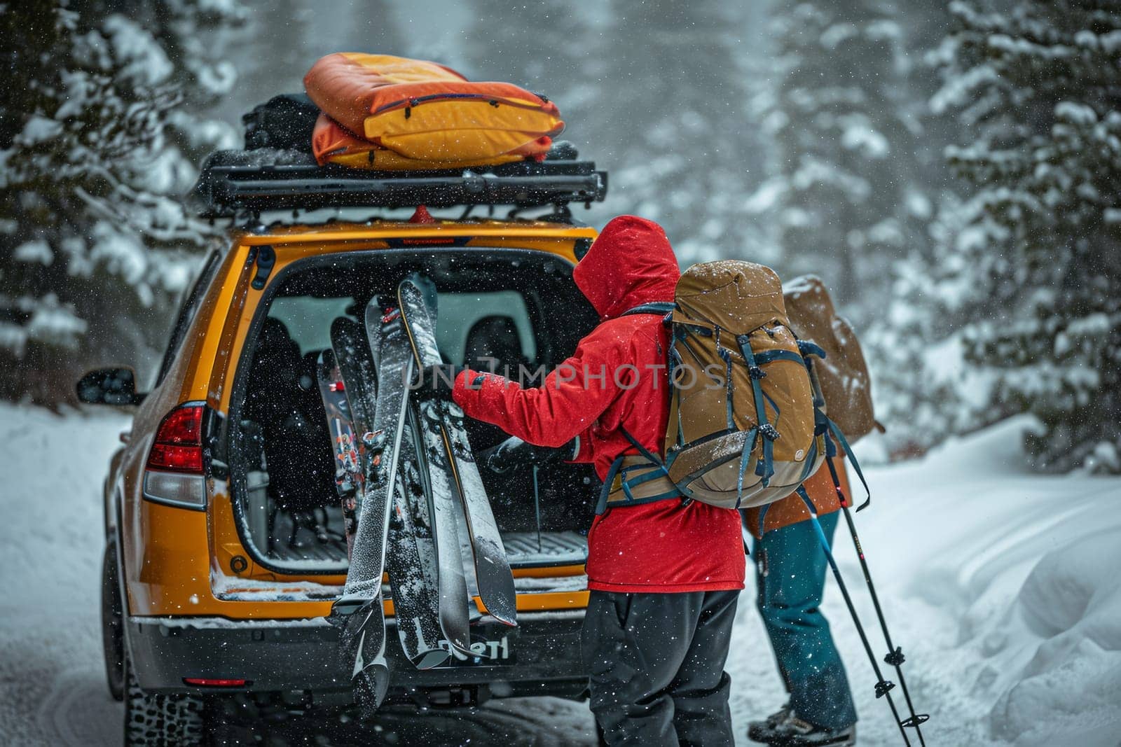 Tourists outdoor with equipment from the car skis and snowboards by rusak