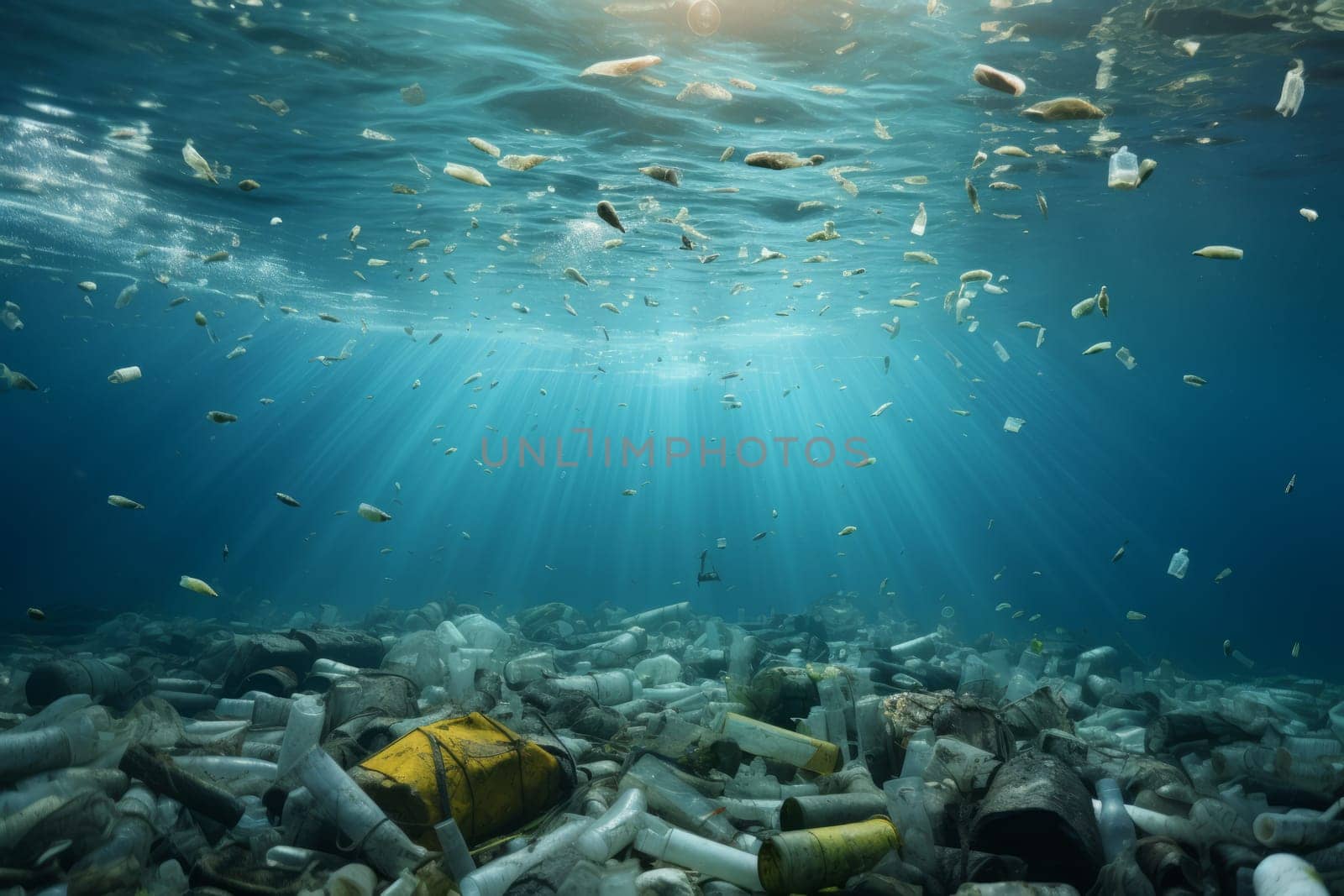 Plastic bottles and microplastics floating under the ocean