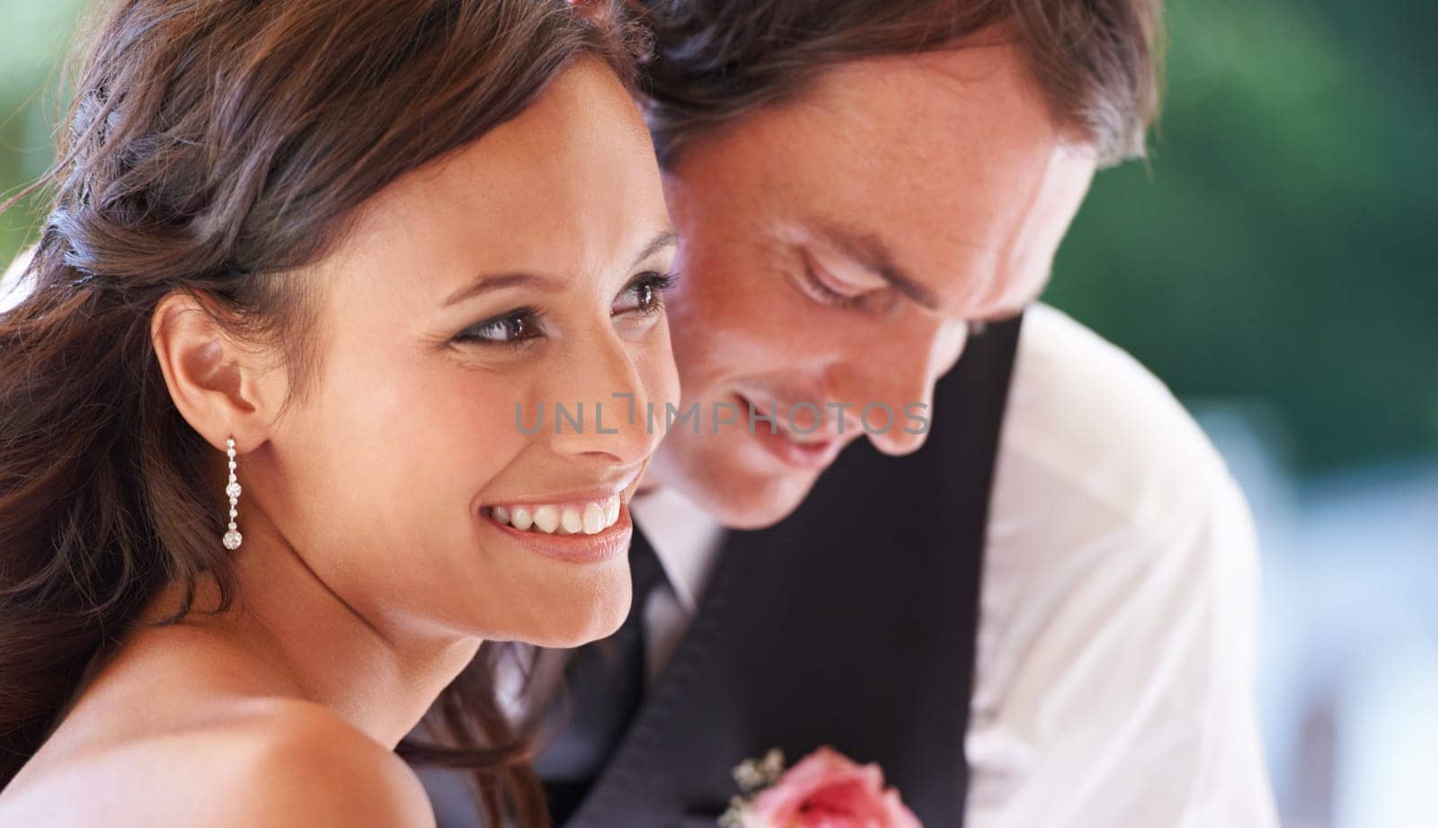 Couple, smile and love on wedding ceremony in outdoors, together and excited for marriage and commitment. Happy couple, romance and union at celebration, loyalty and pride for fashion and partnership.