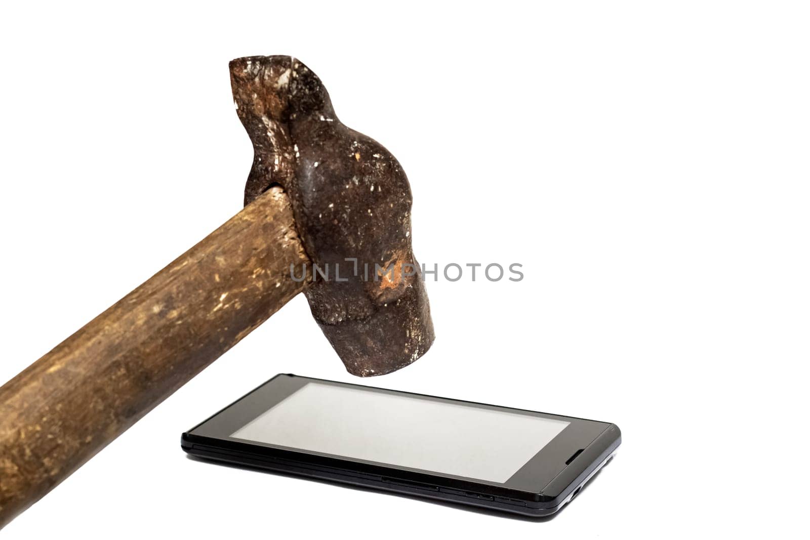 Phone under the hammer isolated on a white background