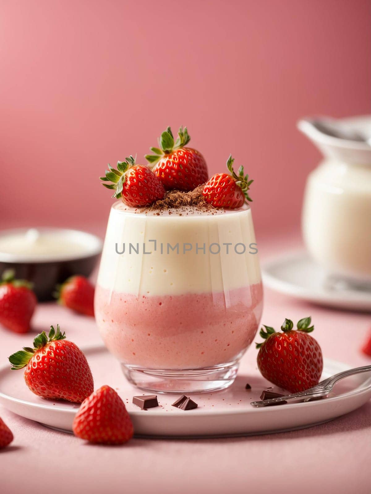 panna cotta with strawberries and strawberry sauce on a pastel pink background by Севостьянов