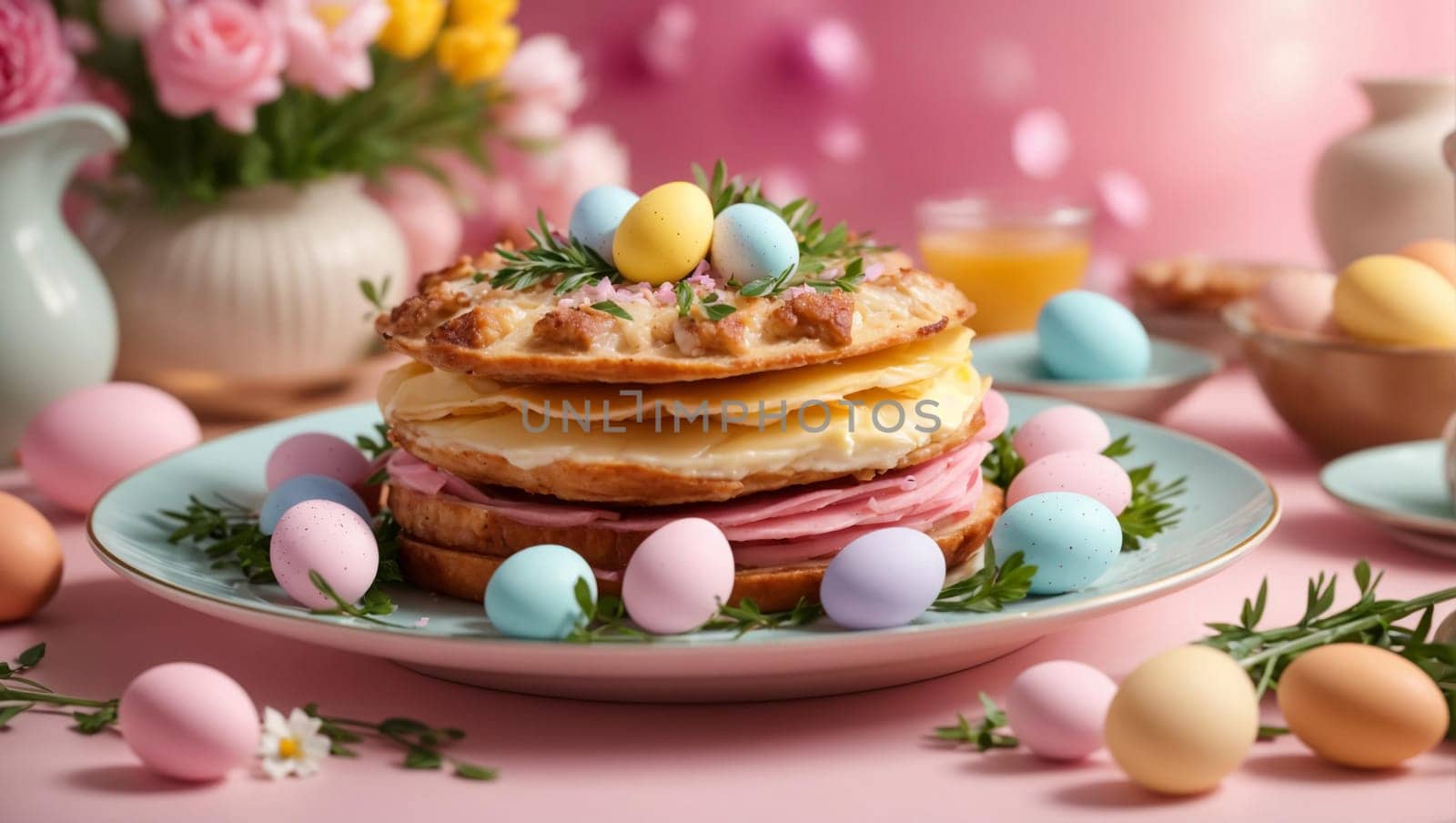 Easter dinner with Easter eggs and traditional dishes. , taste and sophistication combined in a delicious holiday meal,family circle around the Easter table, the light magic of the holiday and a sense of true happiness,colorful,Easter eggs,pink pastel background,exquisite detailing
