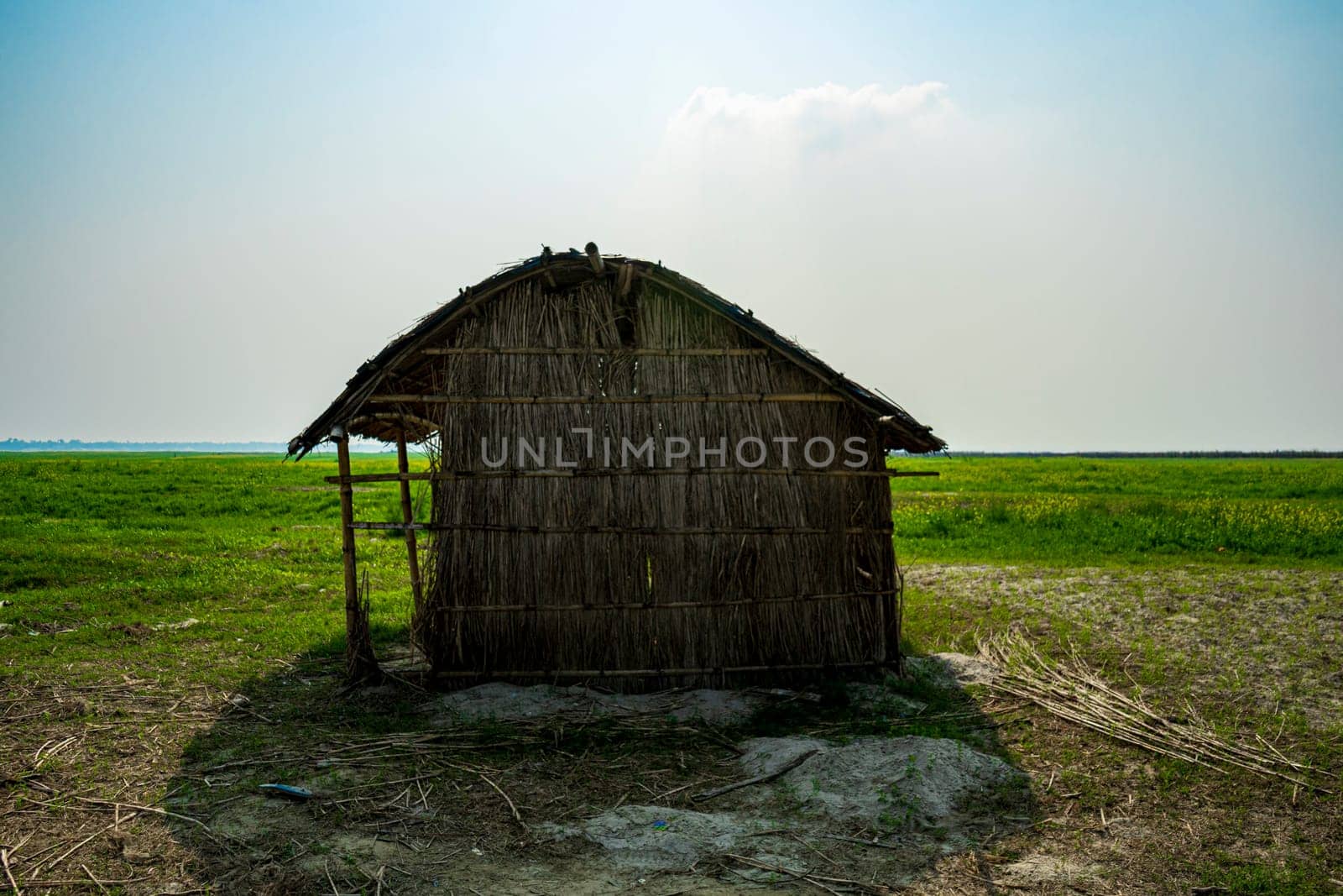 hut made of reeds and bamboo in field