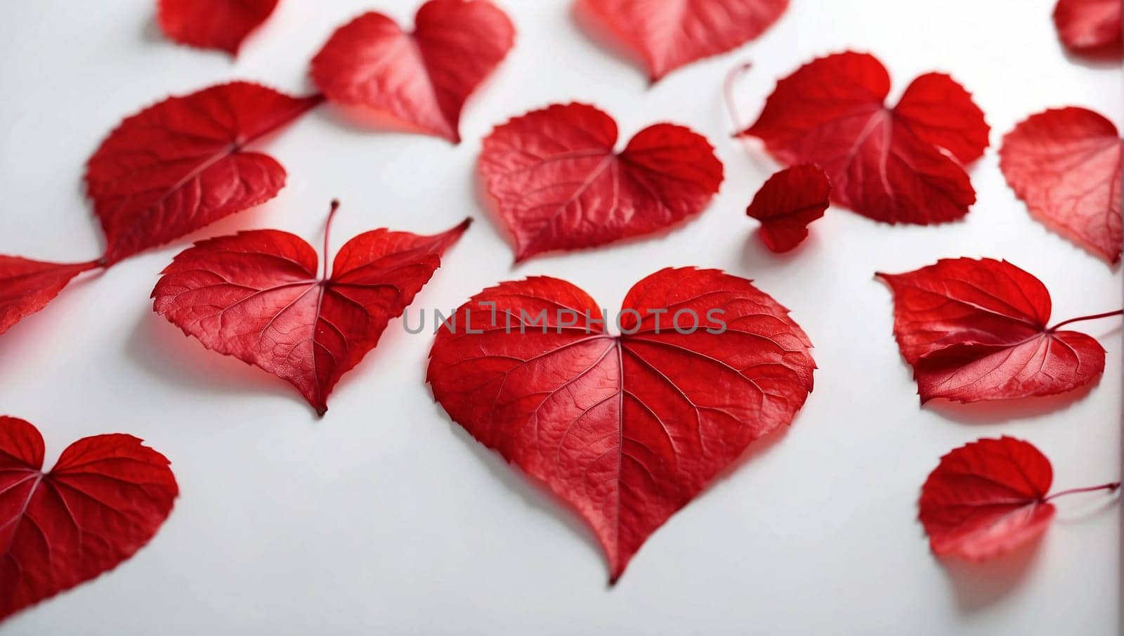Red heart-shaped leaves on white background, Valentine's Day, top view