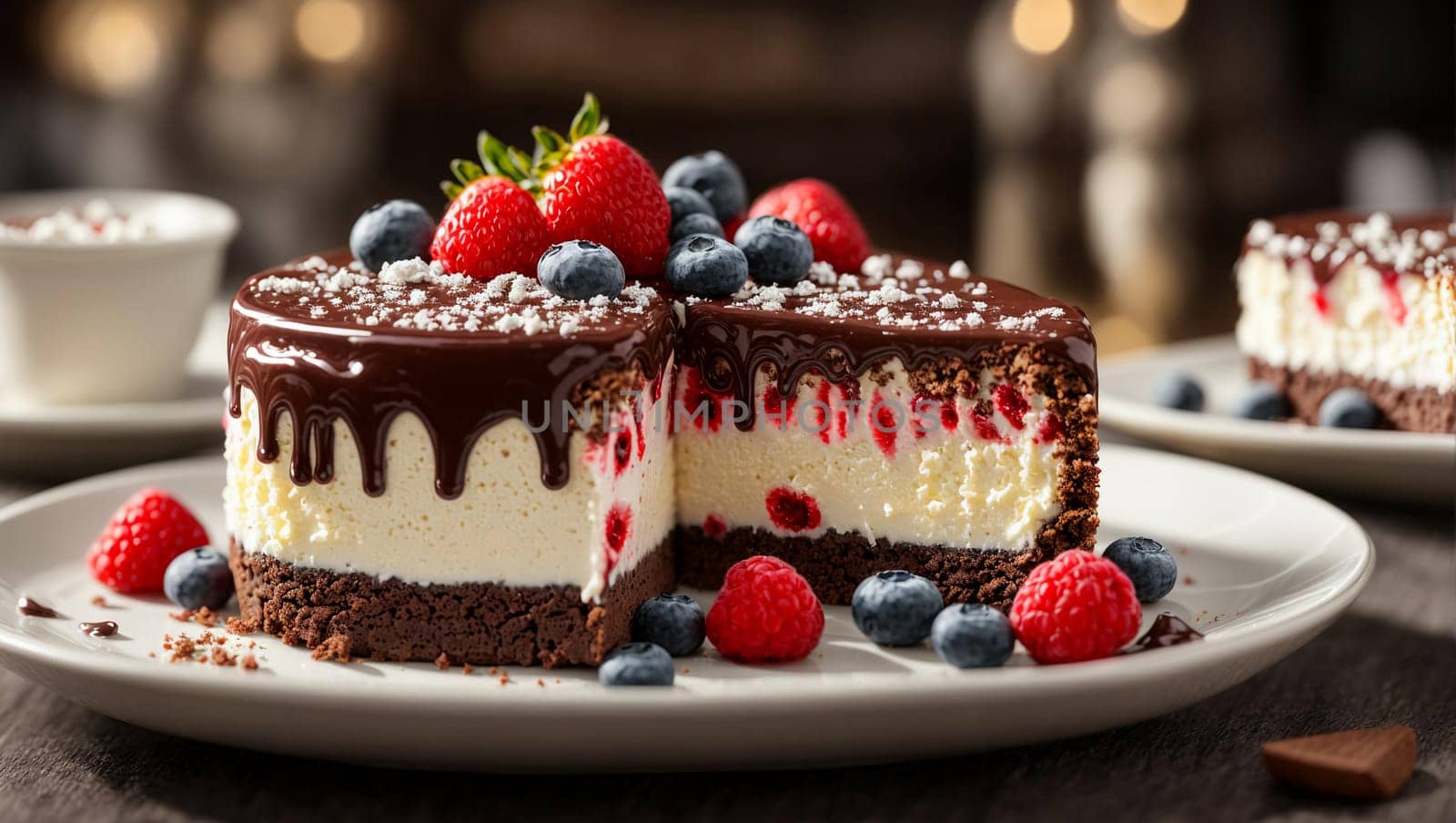 Chocolate cheesecakes with cream sauce and berry filling on a plate, bright and luminous image