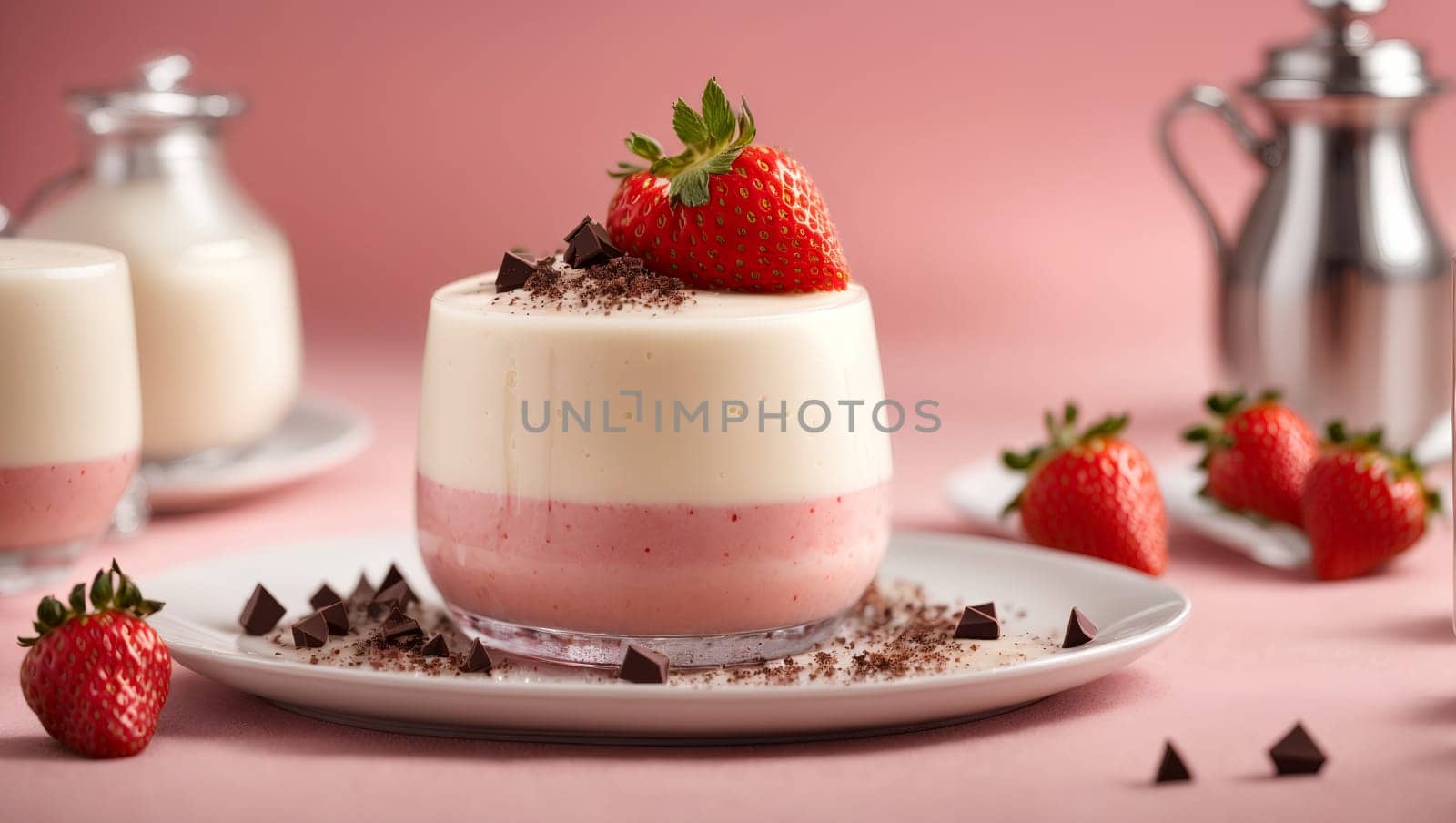 Panna cotta with strawberries, strawberry sauce and chocolate chunks on a pastel pink background, Valentine's Day, bright, delicate details