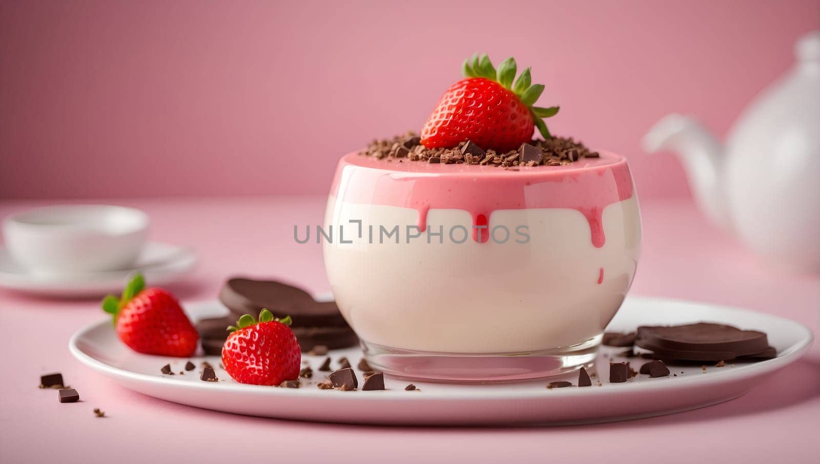 Panna cotta with strawberries, strawberry sauce and chocolate chunks on a pastel pink background, Valentine's Day, bright, delicate details