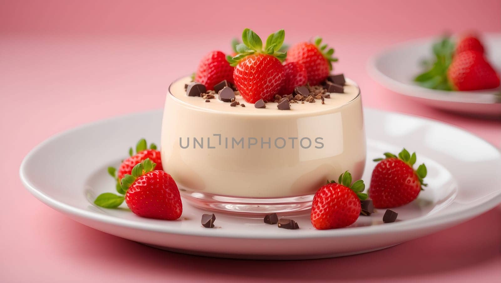 Panna cotta with strawberries on a pastel pink background by Севостьянов