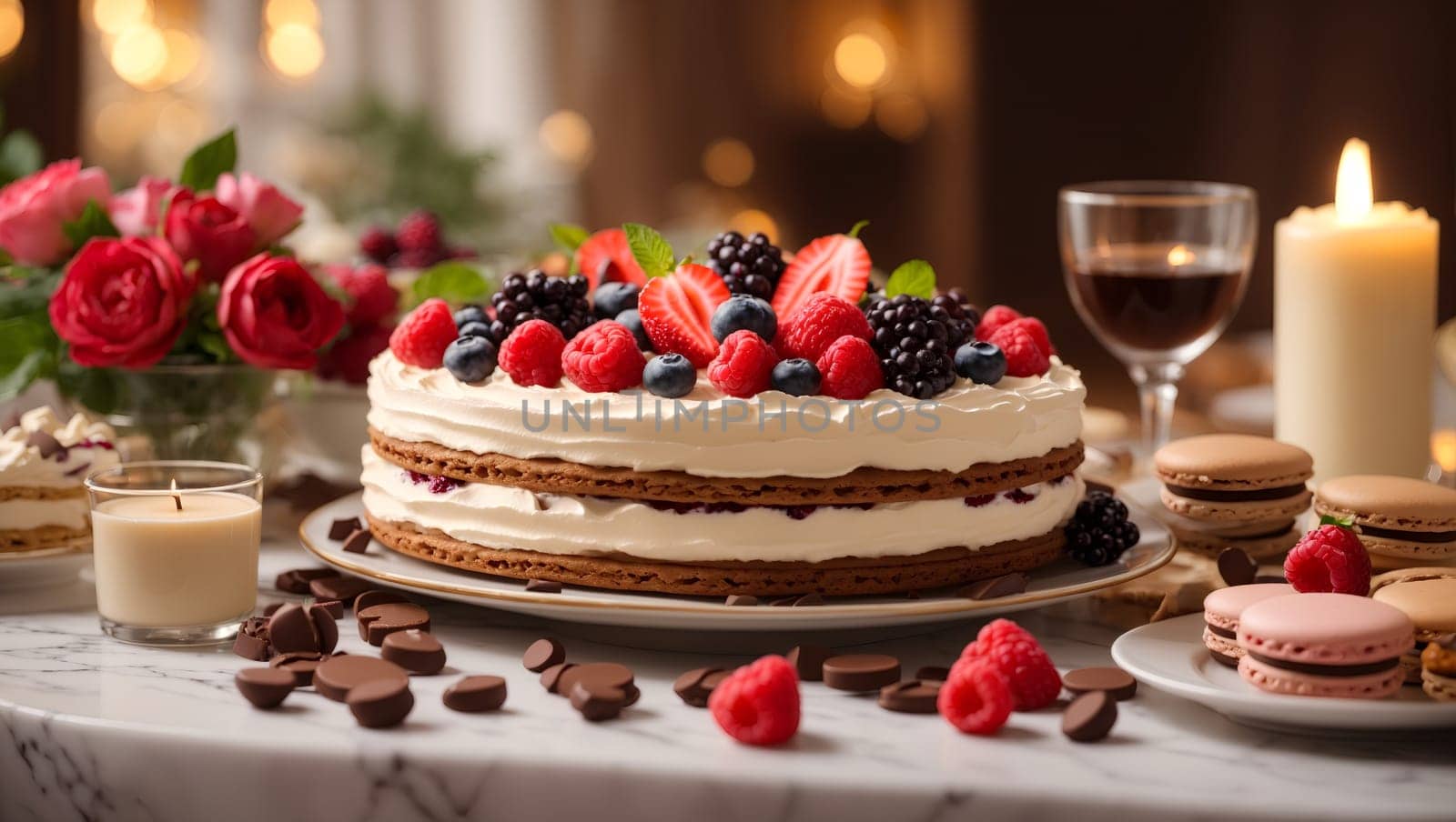 Berry cake with buttercream and berry filling on a plate, a bright and light look