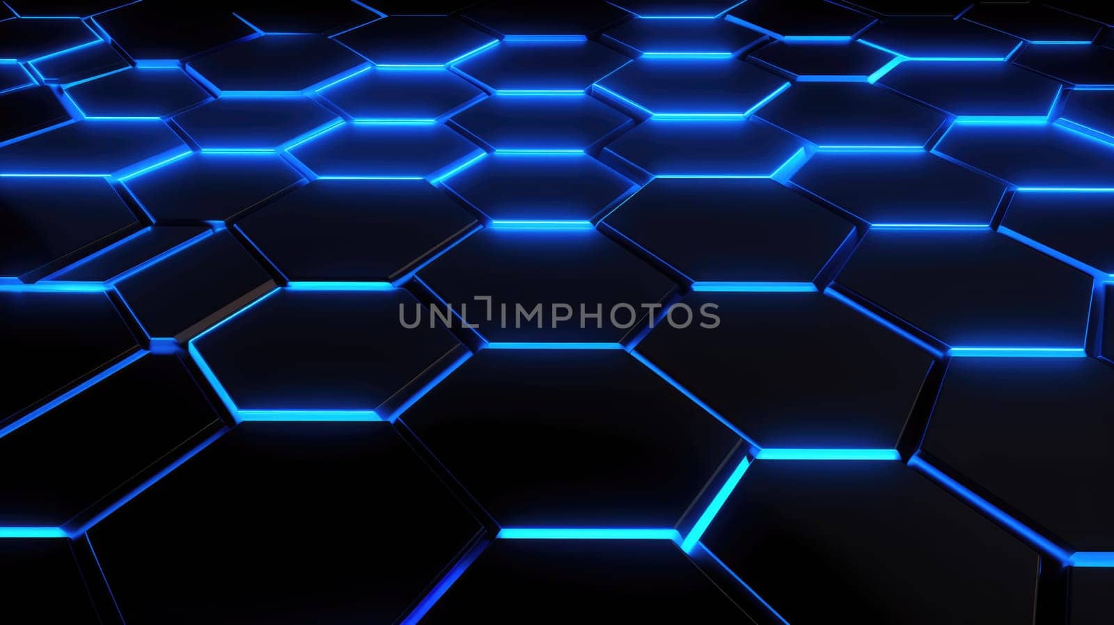 Abstract dark hexagon blue neon background technology style. Modern futuristic honeycomb concept AI