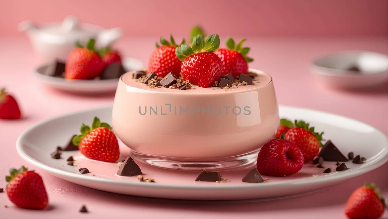 Panna cotta with strawberries, and chocolate chunks on a pastel pink background, Valentine's Day, bright, delicate details