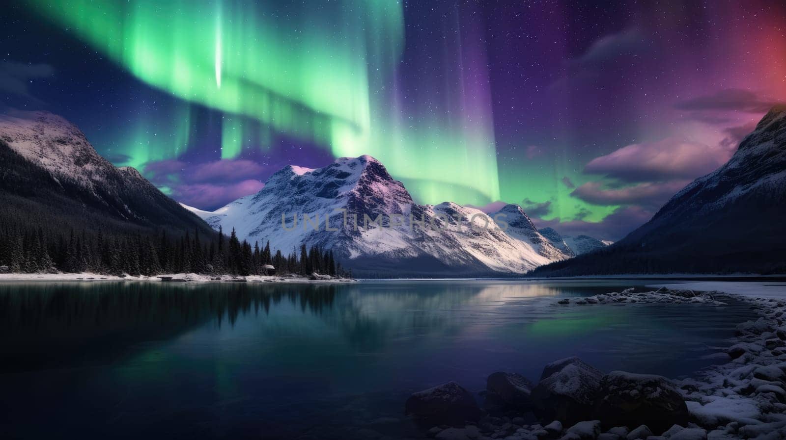 Northern lights over snowy mountains. Aurora borealis with starry in the night sky. AI
