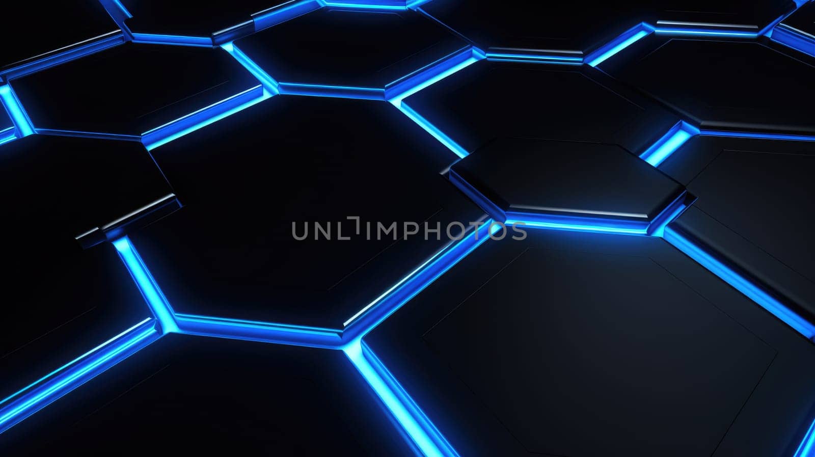 Abstract dark hexagon blue neon background technology style. Modern futuristic honeycomb concept AI