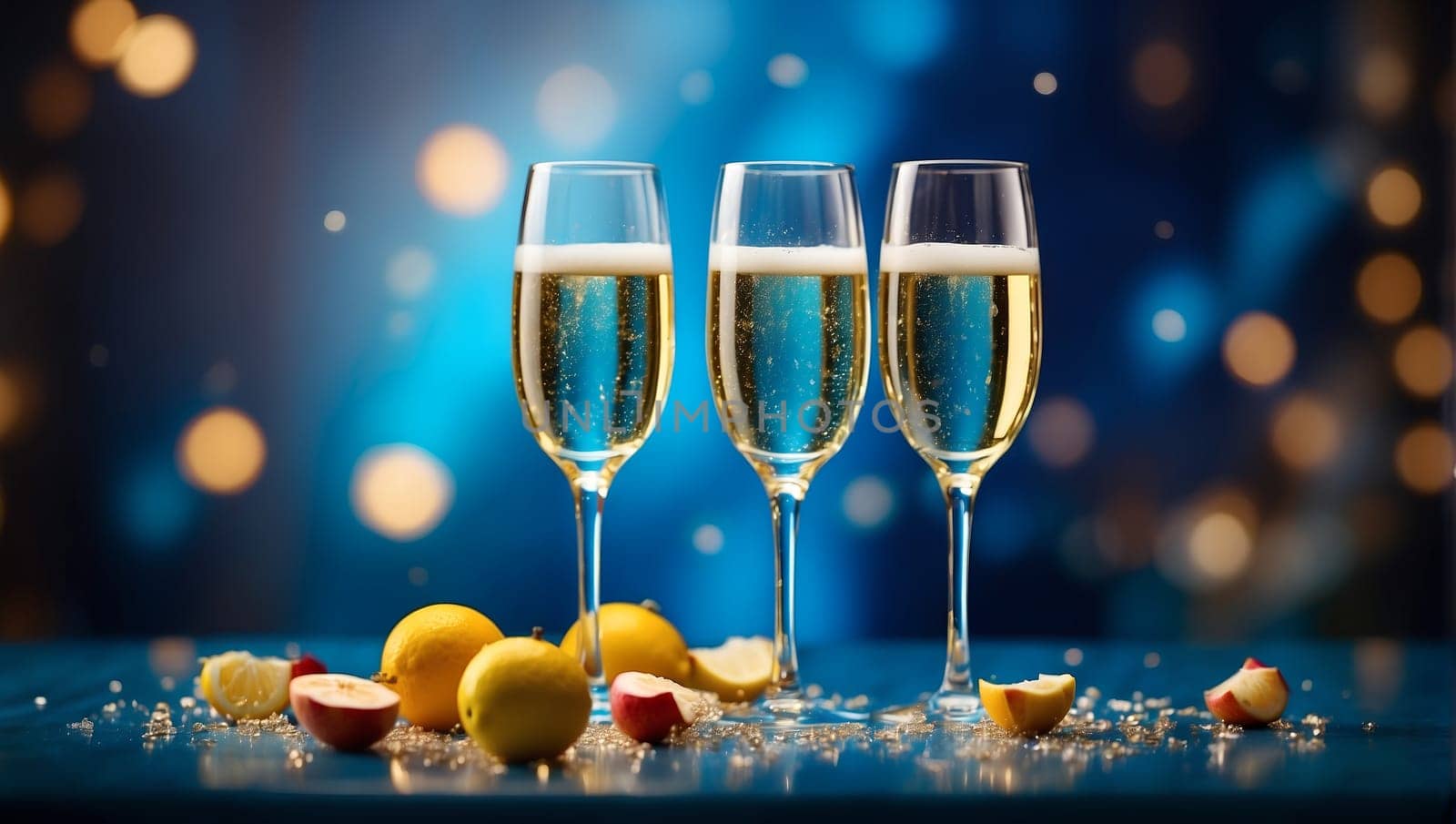 Champagne with fruit on blue dark background