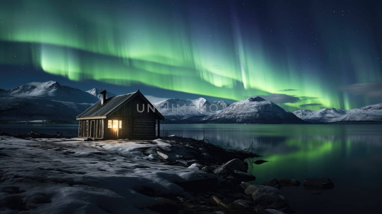 Northern lights over snowy mountains. Wooden hut in the forest. AI