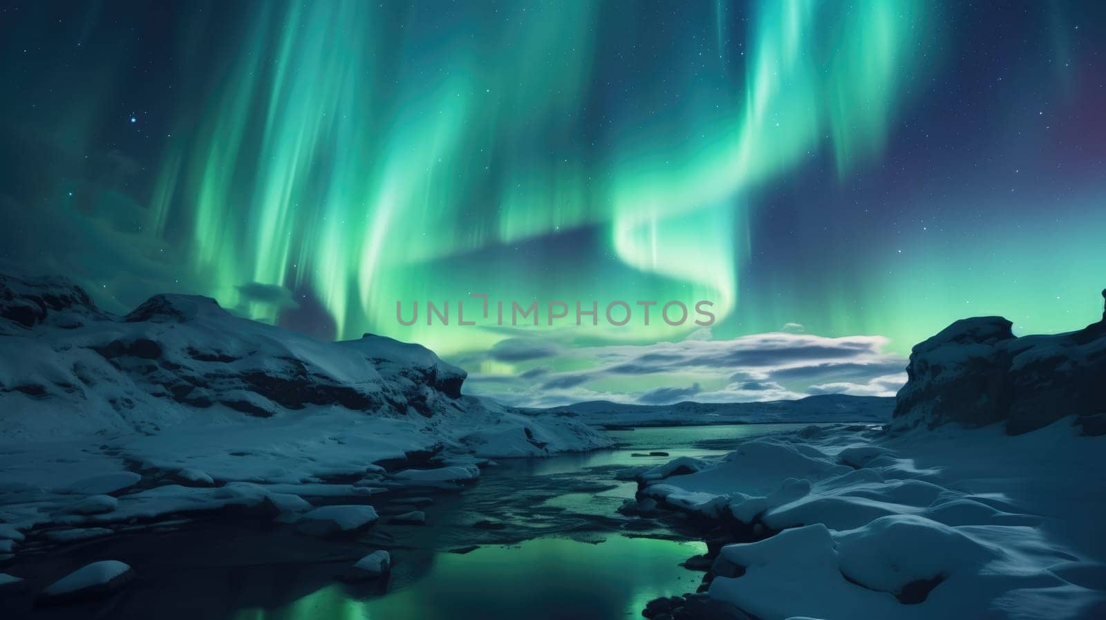 Northern lights over snowy mountains. Aurora borealis with starry in night sky by natali_brill