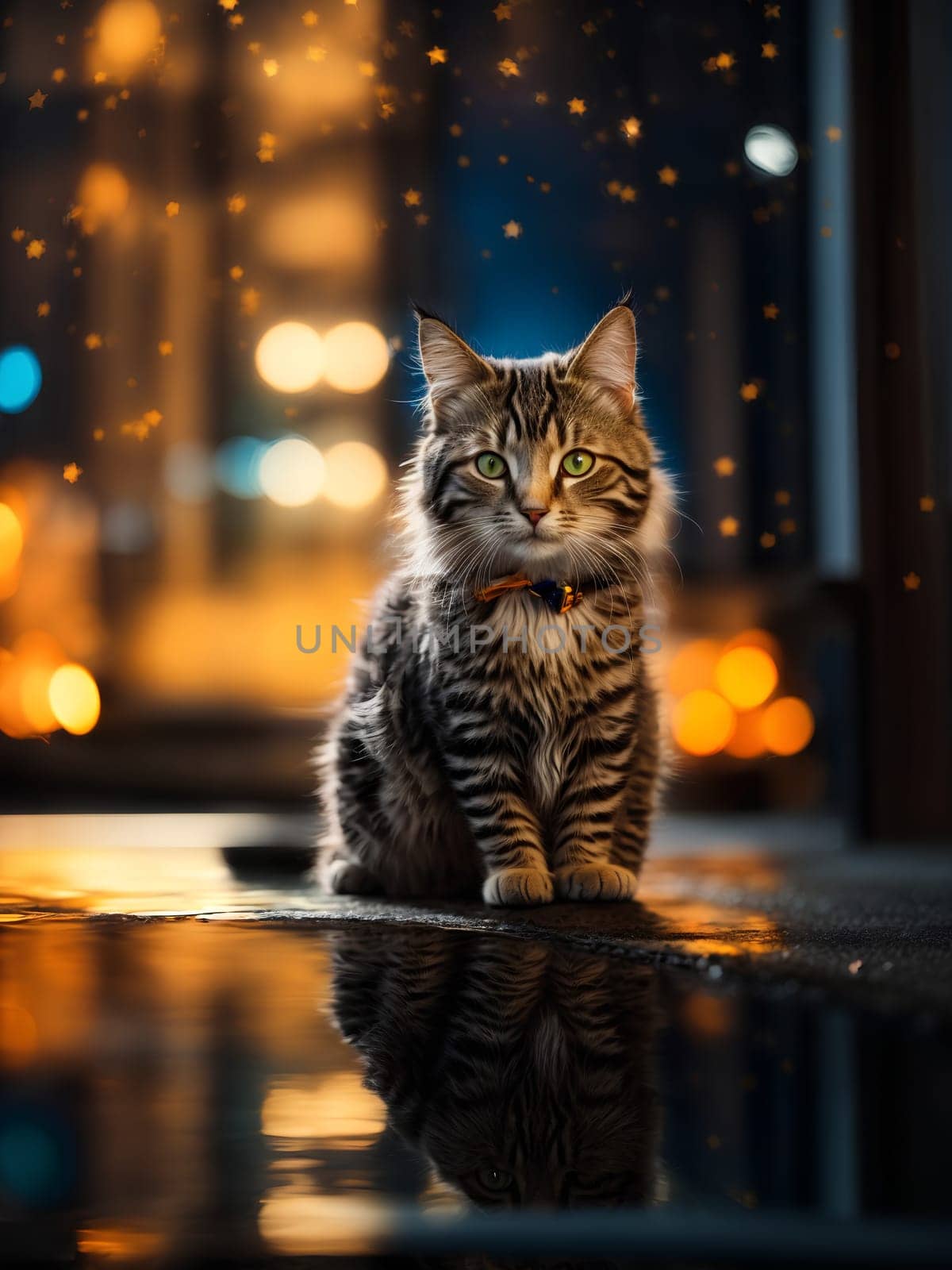 A cat sits on a reflective surface on the ground and is reflected off of it