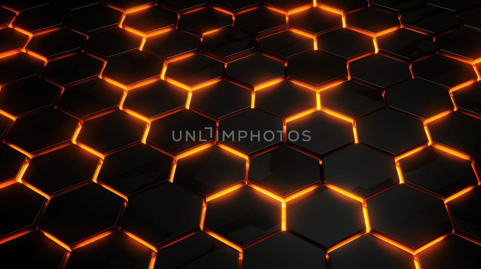 Black background with blue neon hexagon grid. Glowing hex background AI