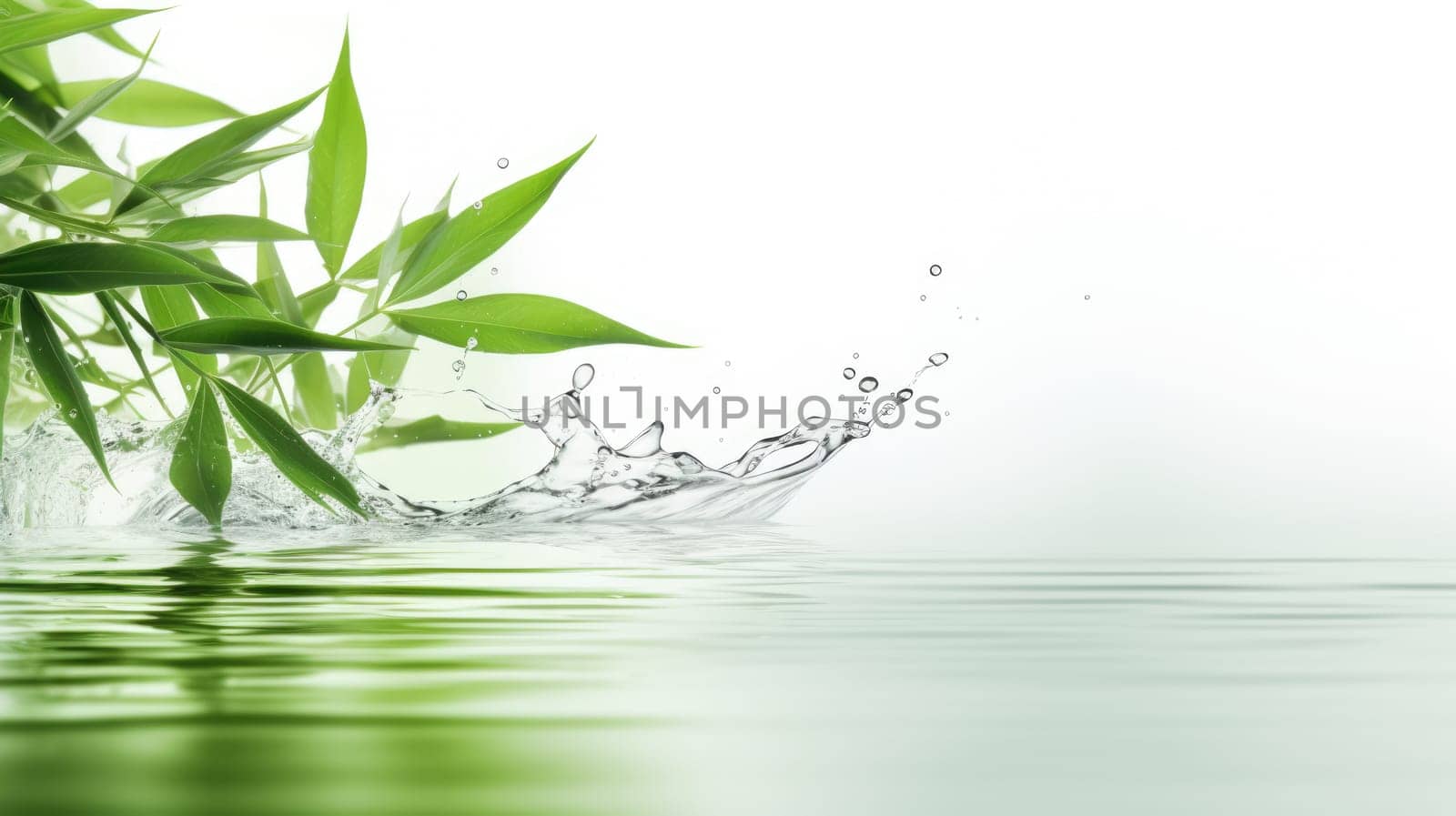 Spa background with green bamboo leaf on white transparent water wave in sunlight, concept with copy space AI