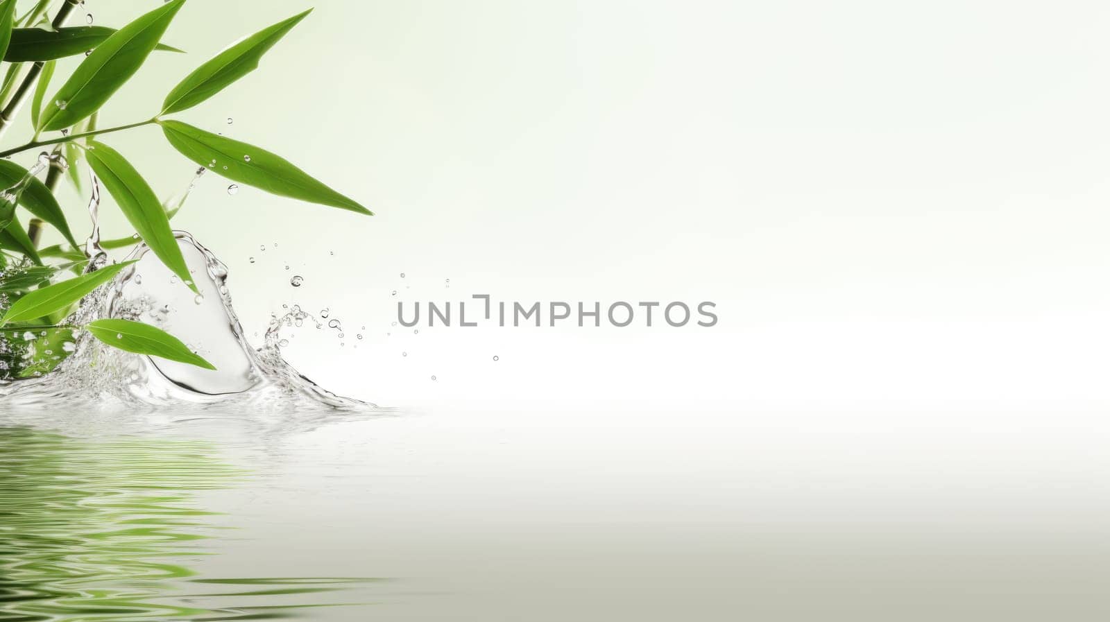 Spa background with green bamboo leaf on white transparent water wave in sunlight, concept with copy space AI