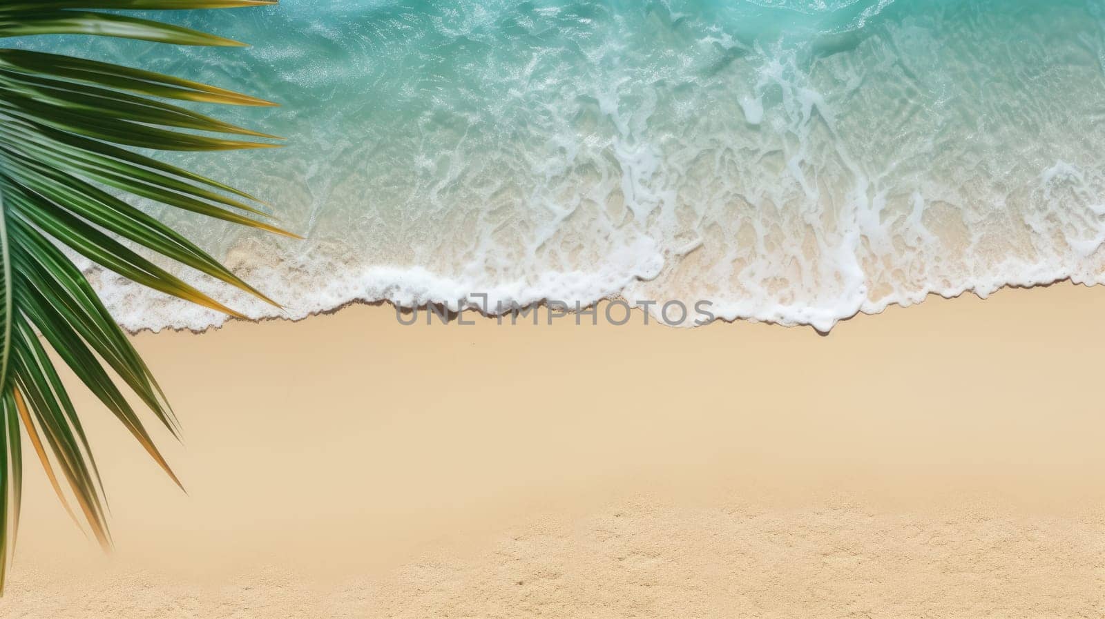 Sunny sand beach with water and green palm leaf from above, empty natural background with copy space AI