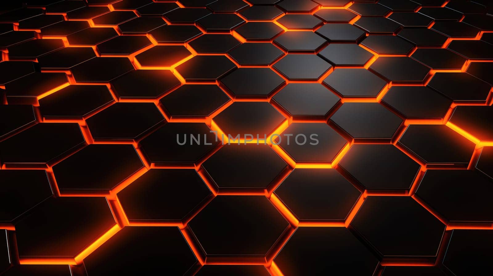 Black background with blue neon hexagon grid. Glowing hex background AI