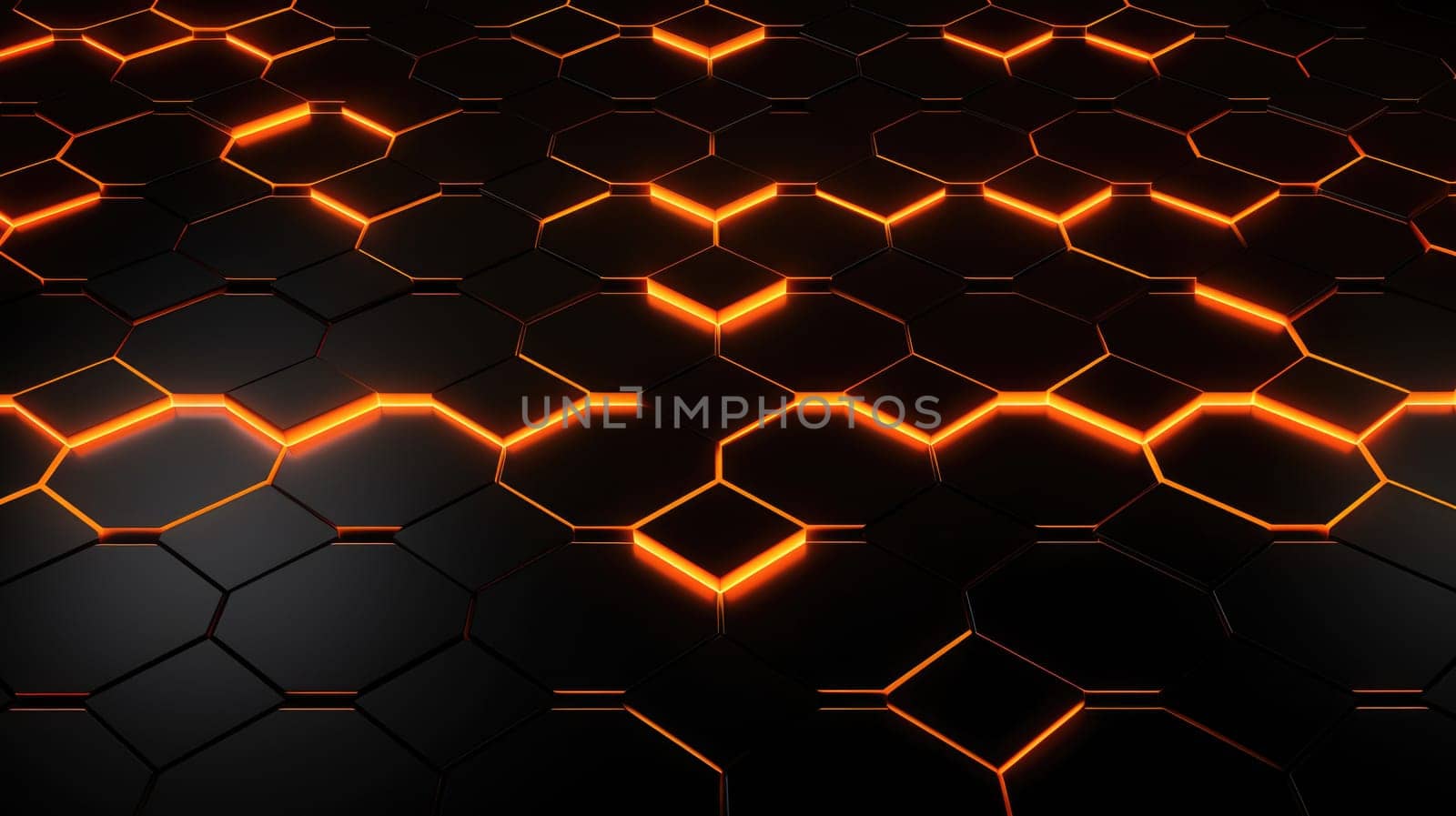 Black background with blue neon hexagon grid. Glowing hex background AI