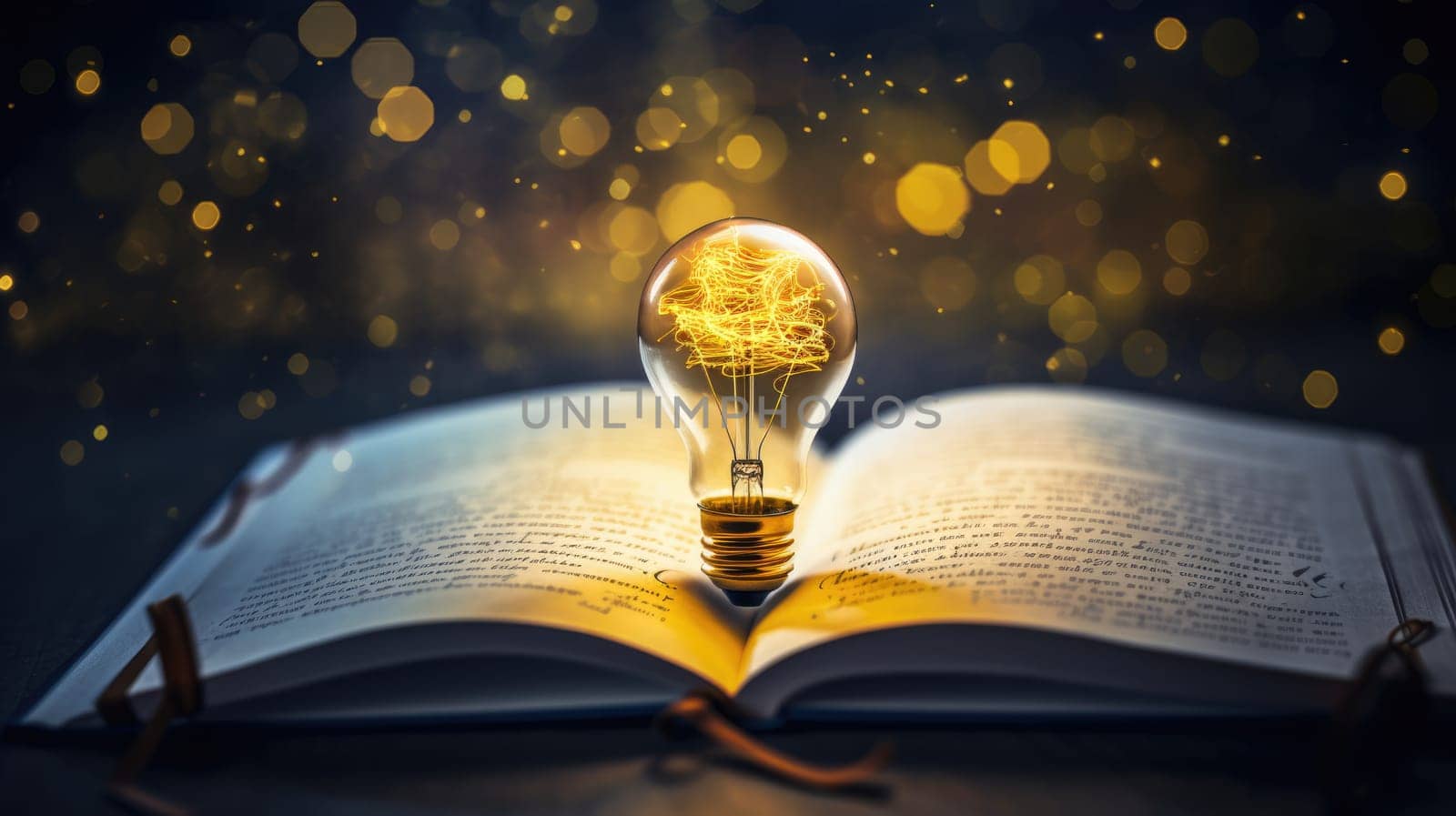 Yellow light bulb. Background sheet of notebook with formulas and books by natali_brill