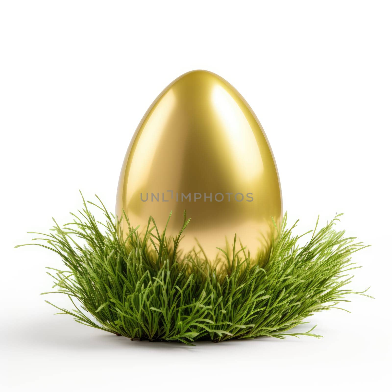 Golden easter egg in grass isolated on a white background. AI