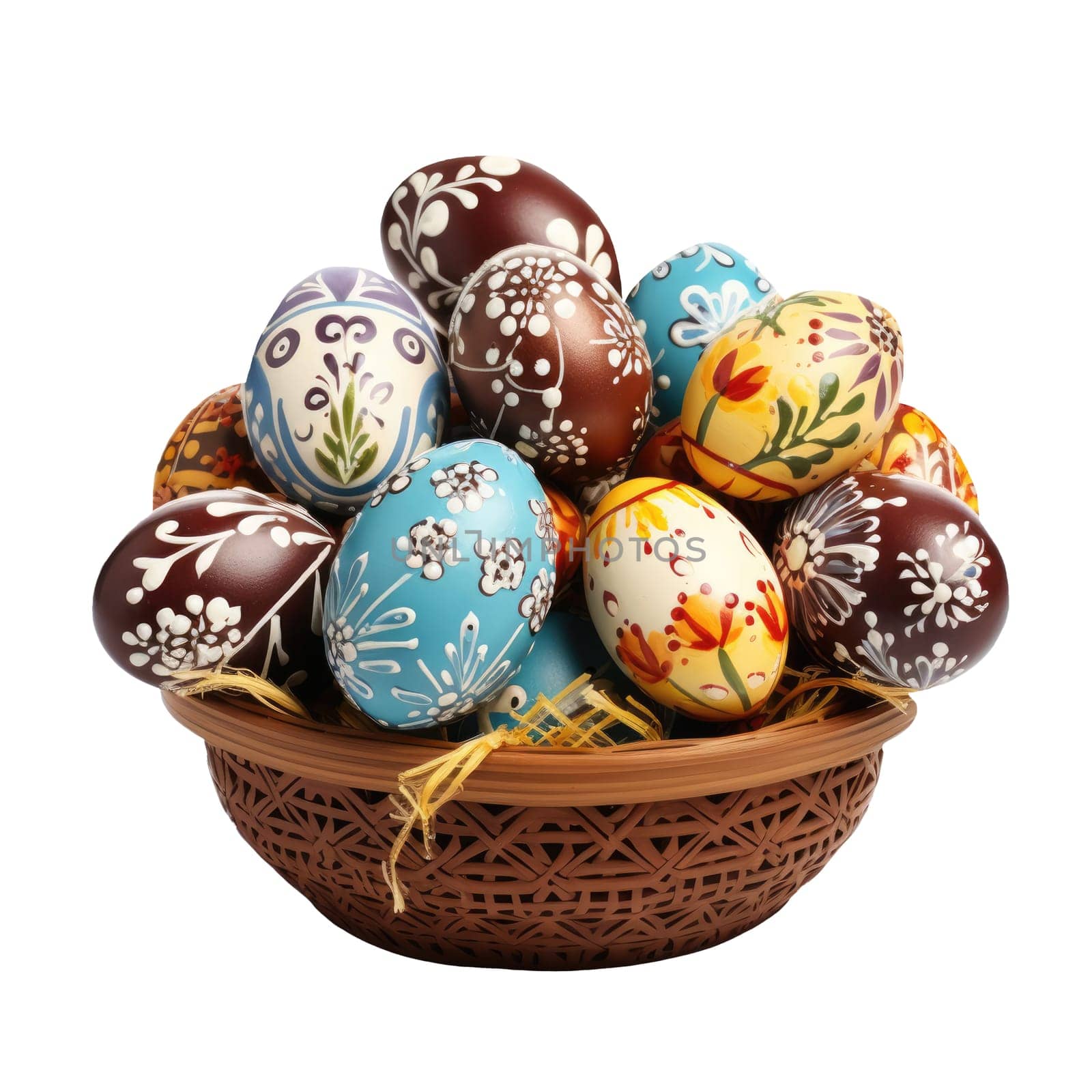 Easter basket filled with hand painted pastel Easter Eggs AI