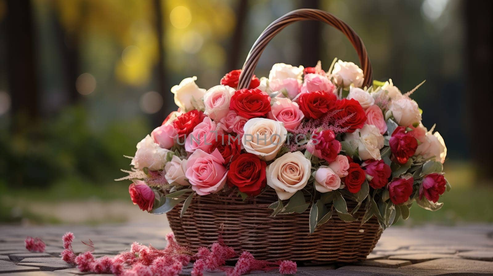 Floral shop concept . Wicker basket with bouquet for wedding. Blurred background AI