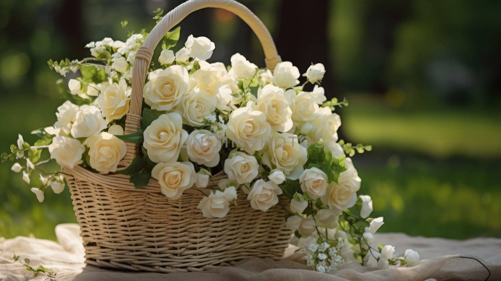 Floral shop concept . Wicker basket with white bouquet for wedding. Blurred background AI