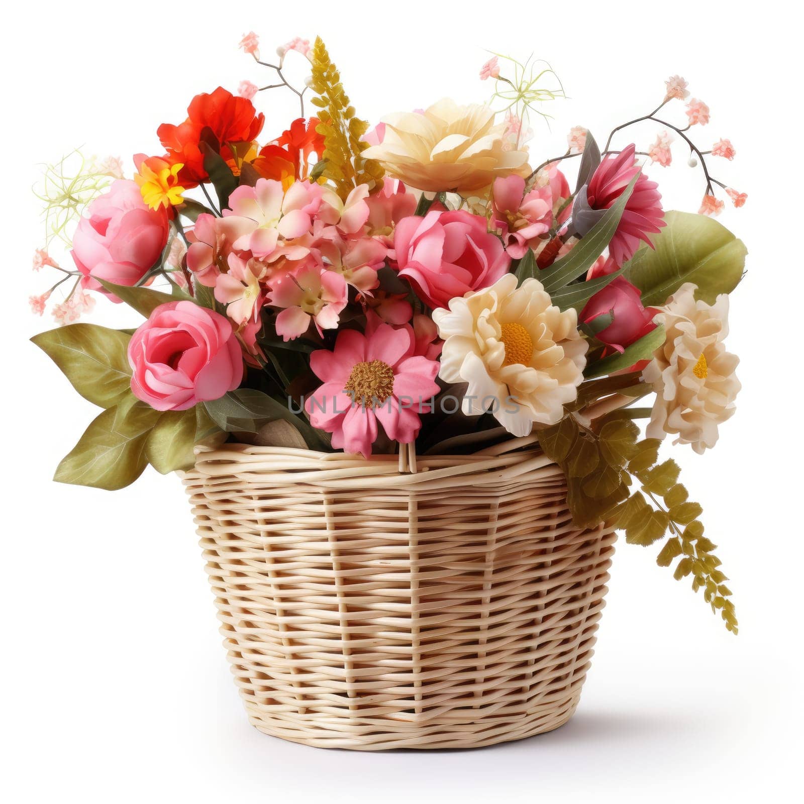 Wicker basket with beautiful spring flowers on white background by natali_brill