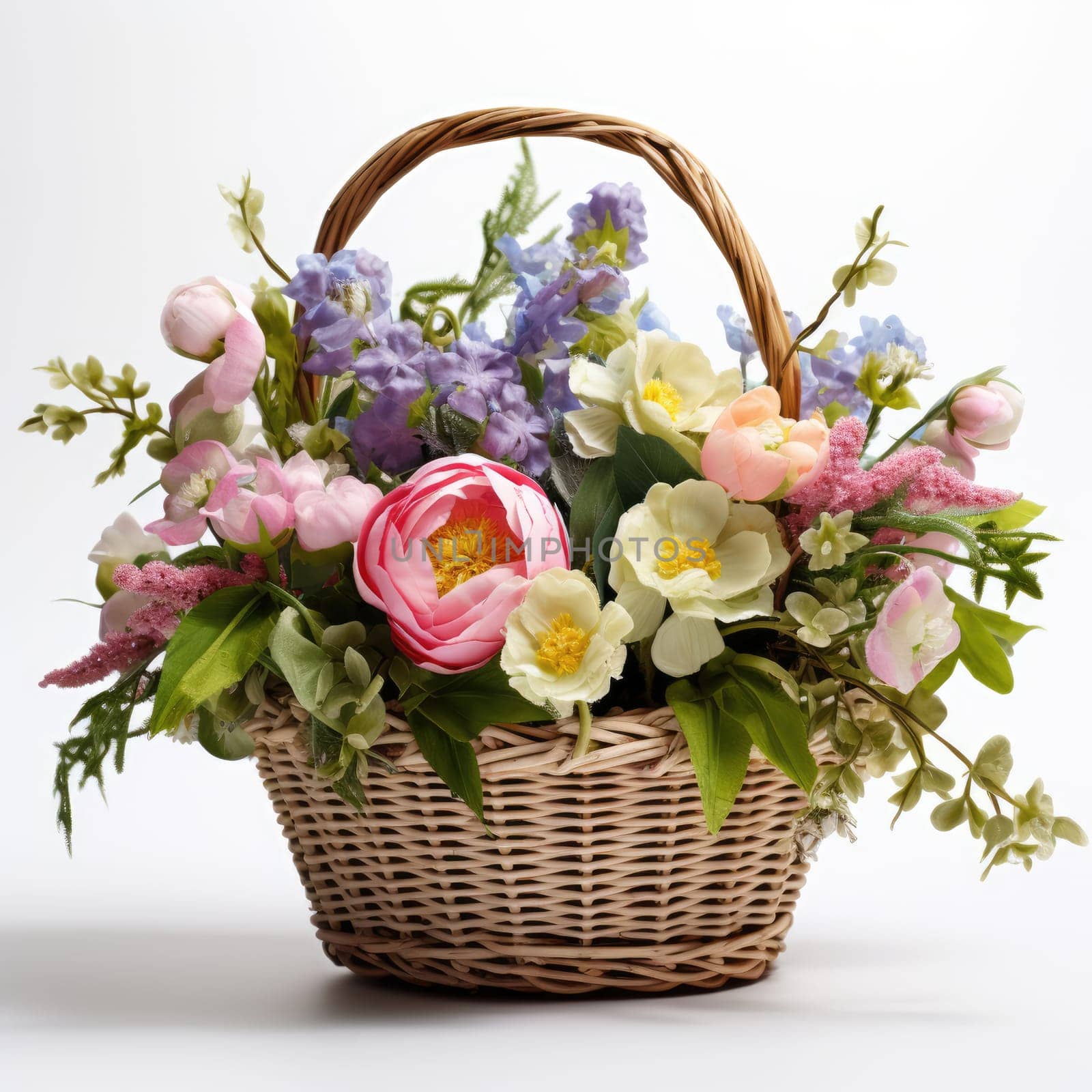 Wicker basket with beautiful spring flowers on white background by natali_brill