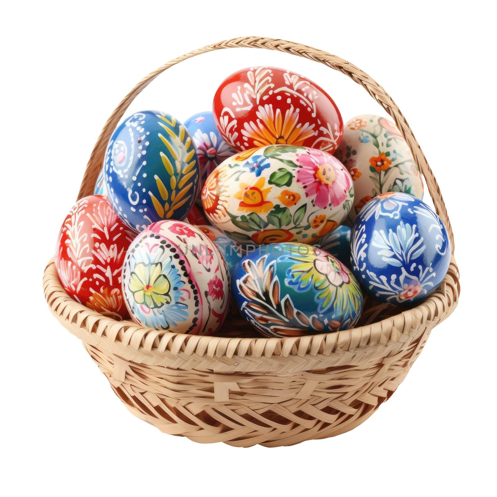 Easter basket filled with hand painted pastel Easter Eggs AI