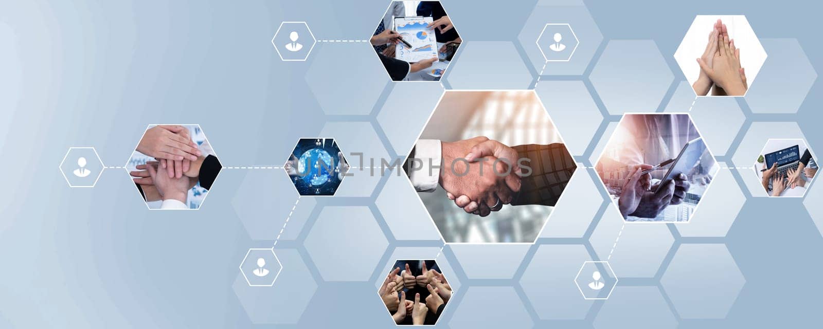 Teamwork and human resources HR management technology concept in corporate business with people group networking to support partnership, trust, teamwork and unity of coworkers in office kudos