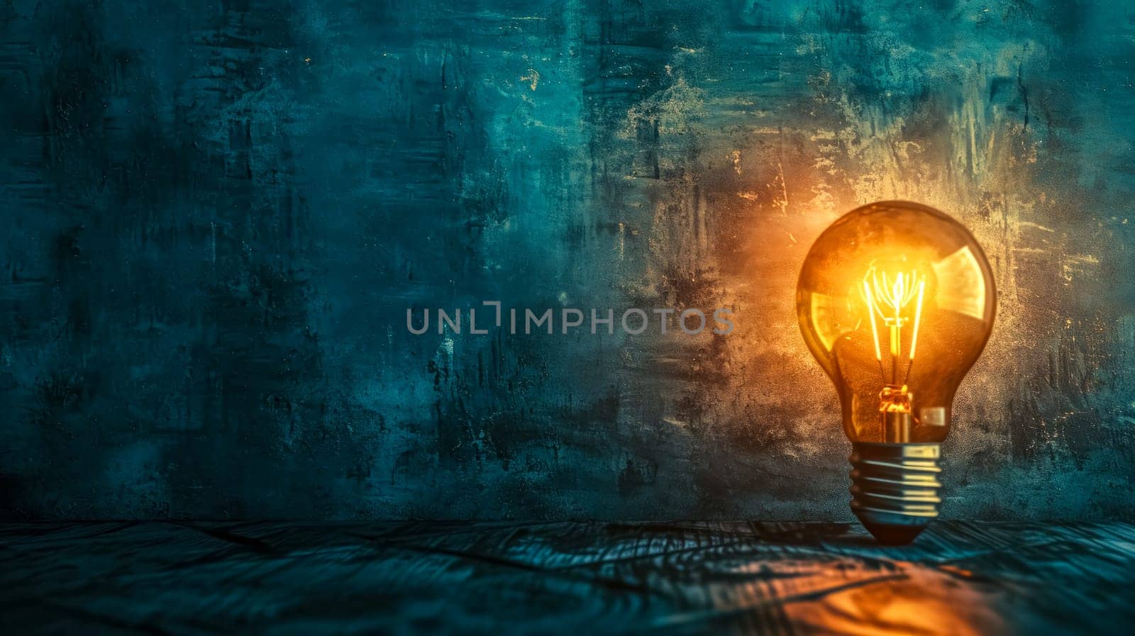 Illuminated light bulb on a rustic background symbolizing ideas and innovation. by Edophoto