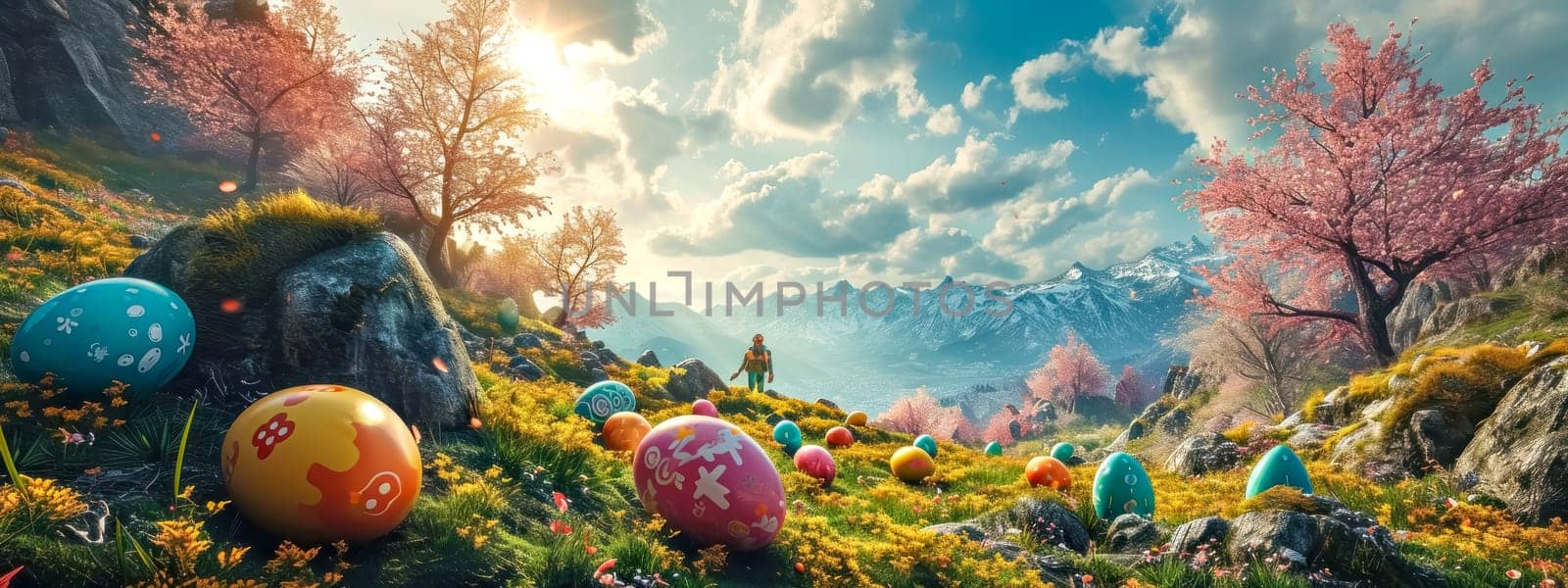 Whimsical Easter landscape with decorated eggs and a figure enjoying the scenery. banner