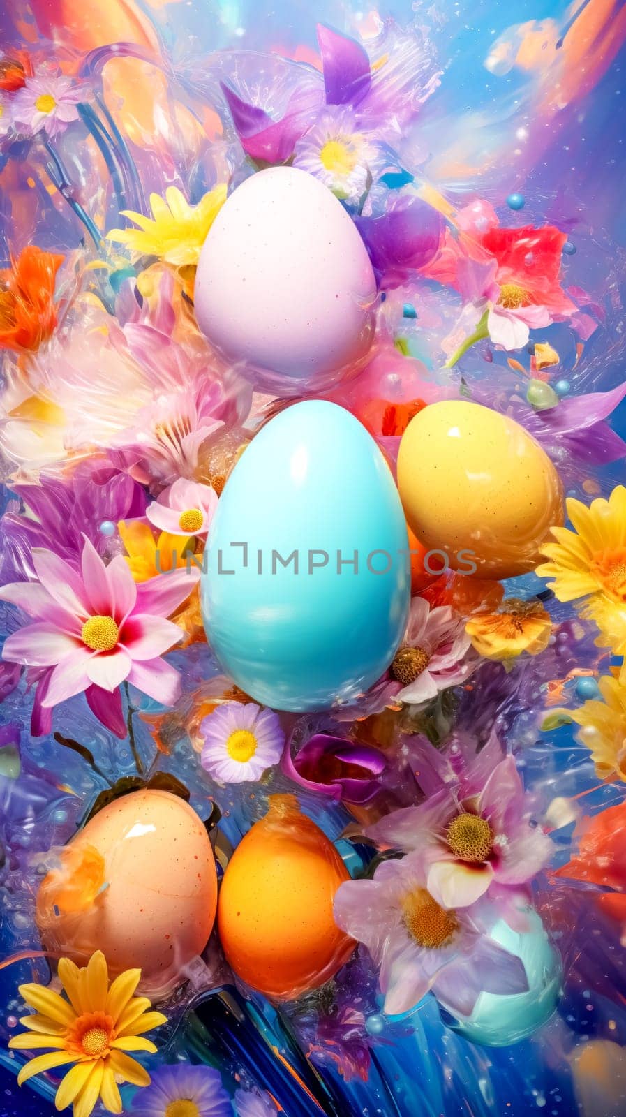 Vibrant Easter celebration with colorful eggs and a burst of spring flowers. vertical