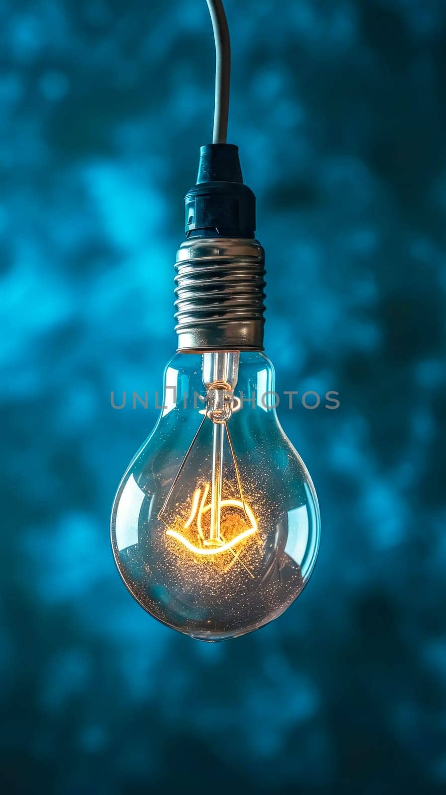 Glowing light bulb with sparkling filaments against a cool blue background. by Edophoto