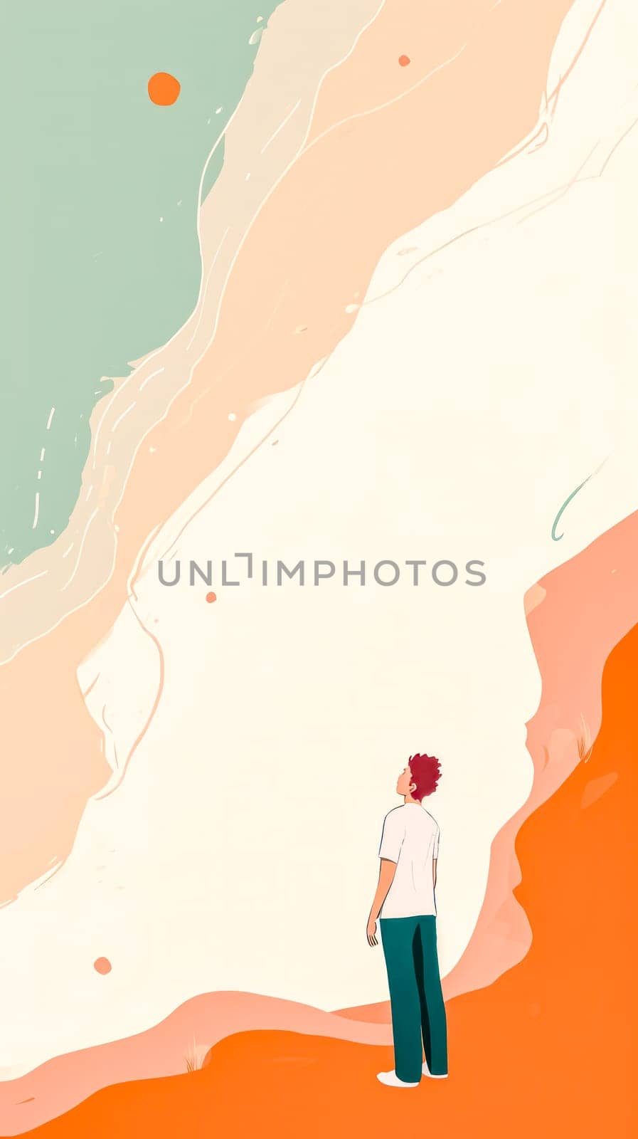 Contemplative figure against a minimalist desert landscape with a large sun. vertical