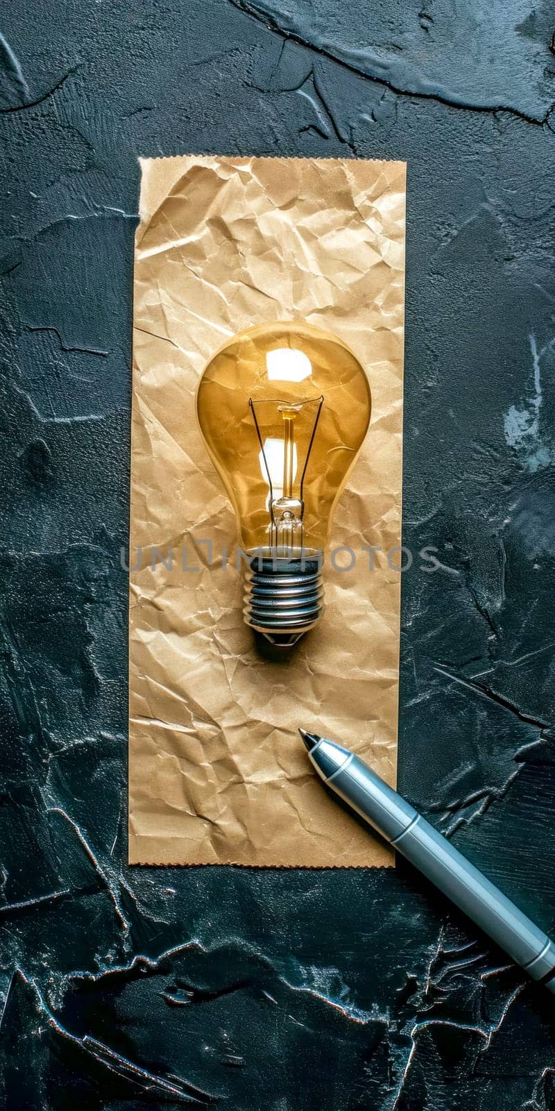 Innovative concept with a light bulb on crumpled paper next to a pen on a dark background by Edophoto