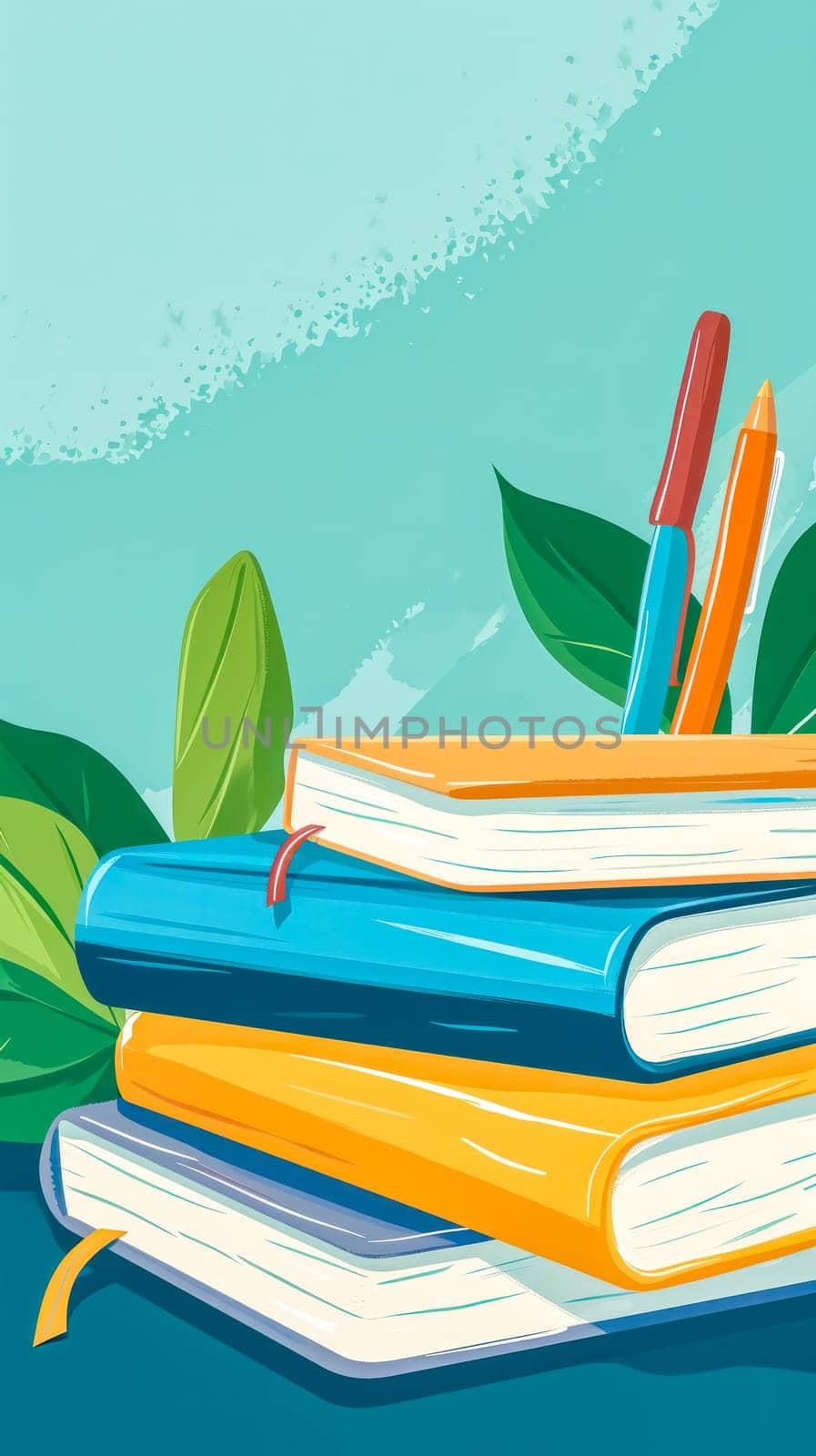 Illustration of stacked books with a pen and pencil, symbolizing education and learning. vertical