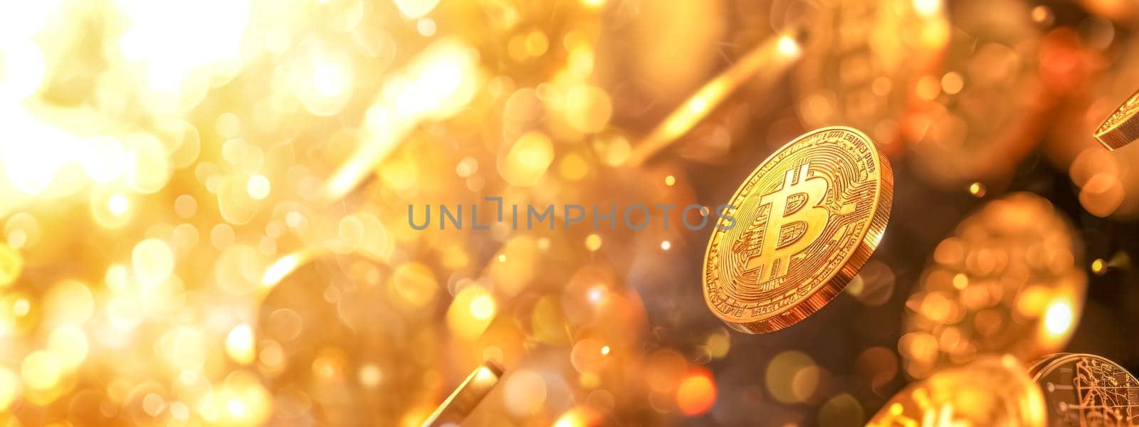 Bitcoin cryptocurrency concept with coins in dynamic motion on a golden bokeh background. banner with copy space