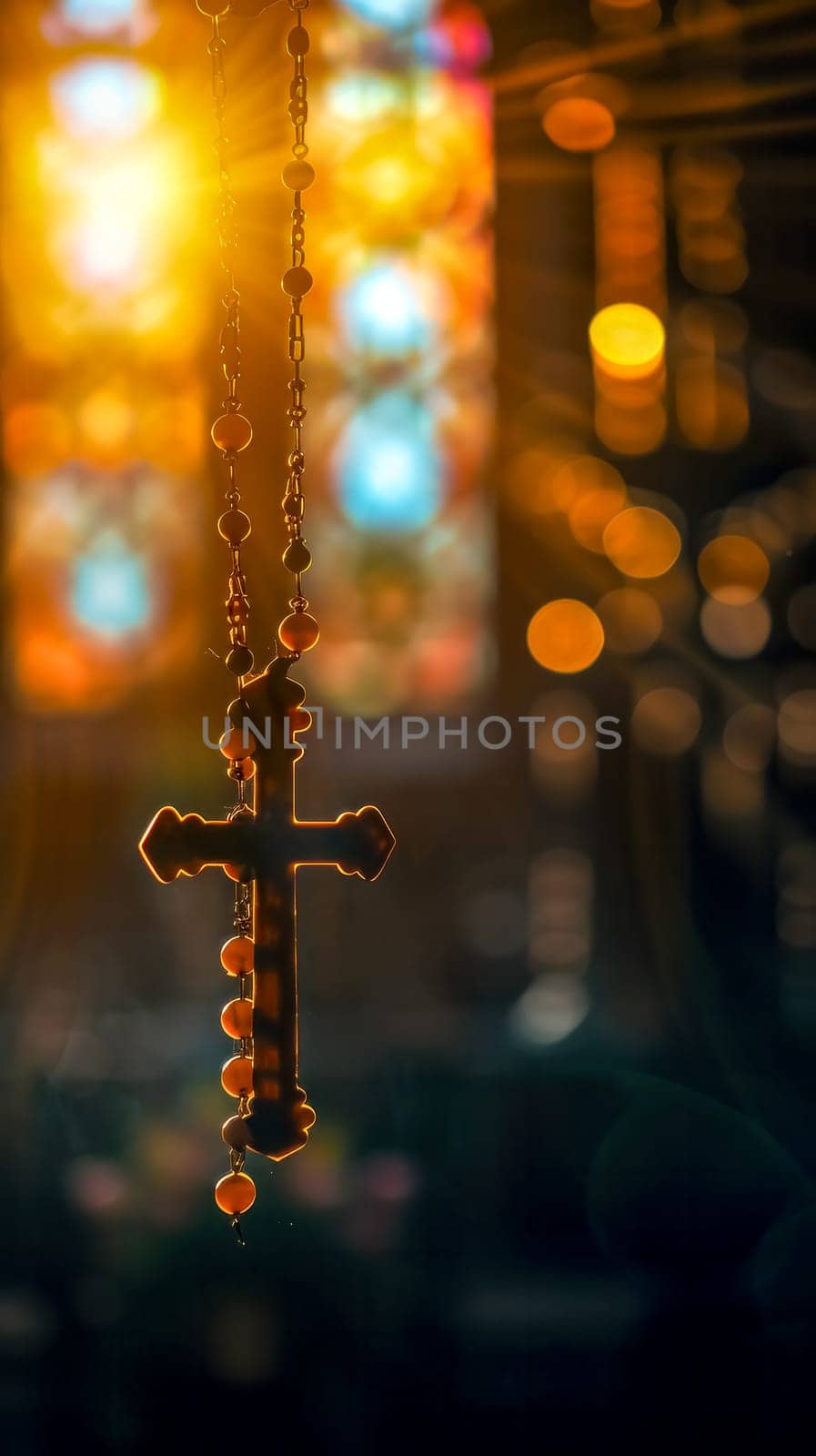 A backlit Christian cross with a bokeh effect creating a spiritual and serene atmosphere. vertical
