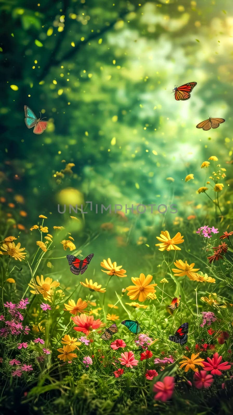 A vibrant springtime image with butterflies fluttering over a field of colorful flowers. vertical