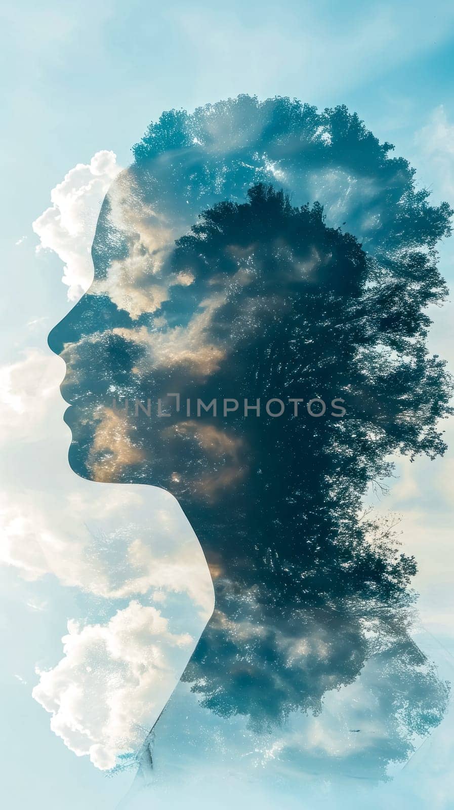 A double exposure image blending a human silhouette with a tree and cloudscape. vertical