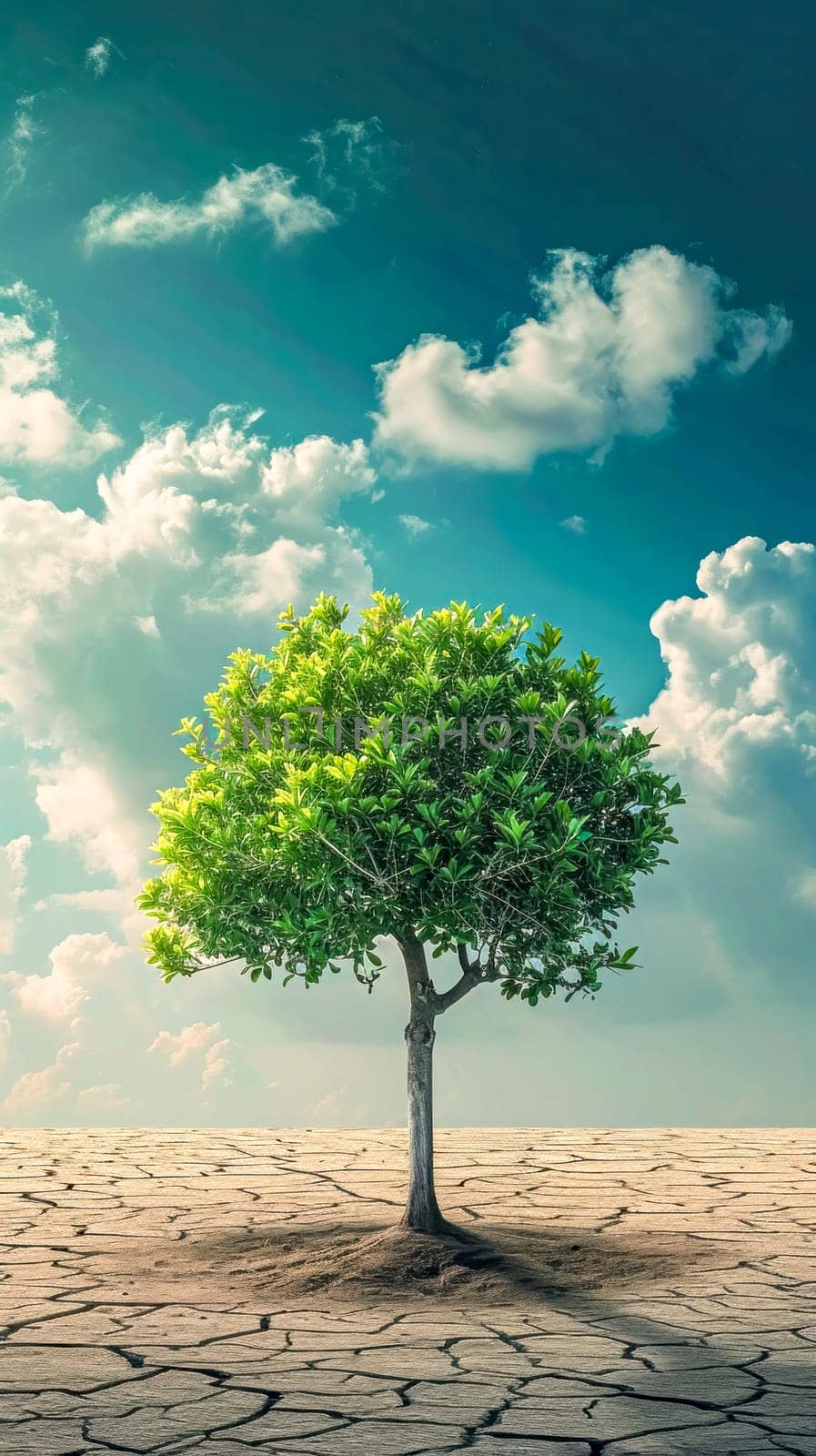 A single green tree thriving on cracked dry land under a clear blue sky with fluffy clouds. vertical
