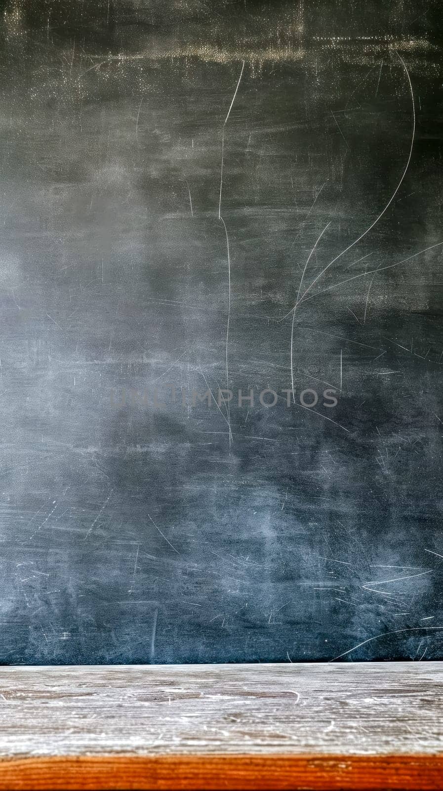Empty blackboard with chalk traces and a wooden desk in a classroom setting. by Edophoto