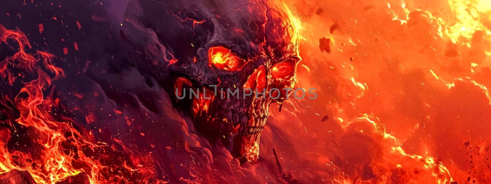 The image depicts a fiery, demonic skull submerged in flames, with a menacing gaze and a molten texture, suitable for horror or fantasy-themed content. banner with copy space